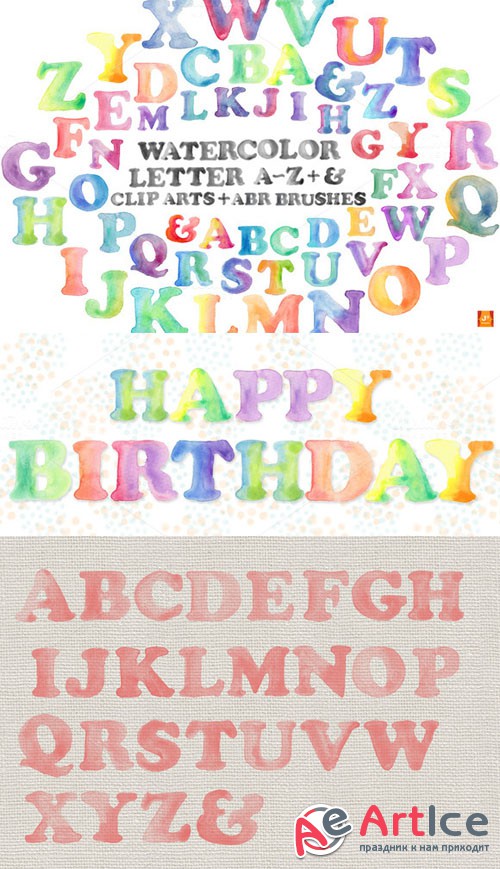 Watercolor A-Z Clip Arts & ABR Brush - Creativemarket 50348