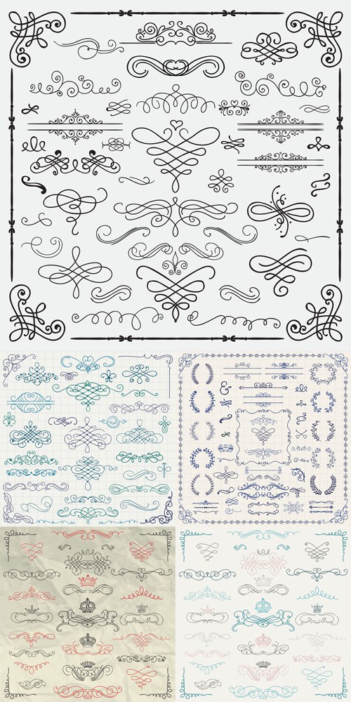Vector Set Colorful Vintage Hand Drawn Swirls and Crowns