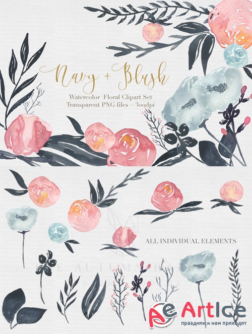 Navy + Blush Watercolor Clipart Set - Creativemarket 425460