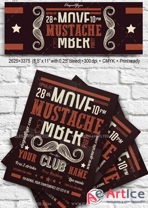 Mustache Party V2 Flyer PSD Template + Facebook Cover