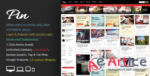 ThemeForest - Pin v3.9 - Pinterest Style / Personal Masonry Blog / Front-end Submission - 10272975