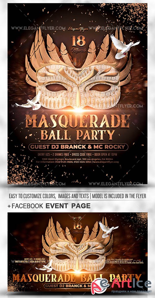 Masquerade Ball Party V1 2019 PSD Flyer Template + Facebook Cover + Instagram Post