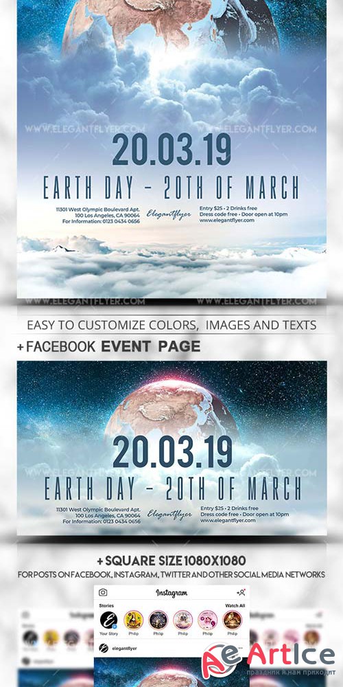 Earth Day V1 2019 20th of March PSD Flyer Template + Facebook Cover + Instagram Post